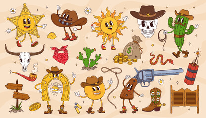 Fototapeta premium Groovy Western characters, Wild West hippie vector personages. Cartoon groovy cowboy hat, boots and gun, cute Western cactus, skull and horseshoe, retro y2k Wild West sheriff star and sun emoji