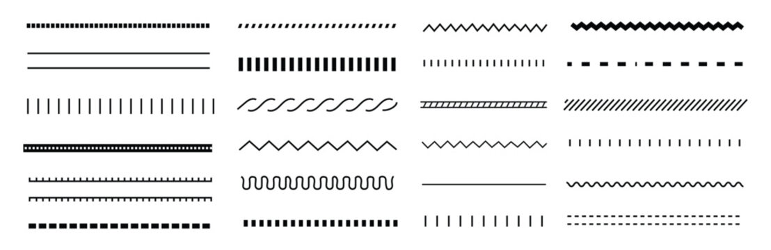 Minimalist divider line dividers set with geometric horizontal page separators. Vector illustration of abstract graphic design borders collection, black simple underscore pattern dash template.