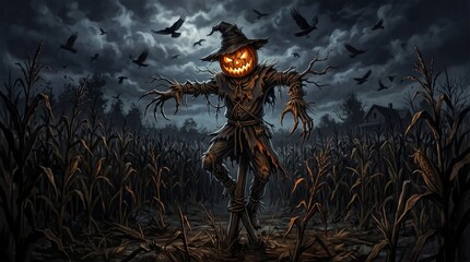 Fototapeta premium Halloween Scarecrow Glowing Jack O Lantern Cornfield