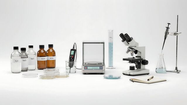 Laboratory equipment, including microscope, bottles, and measuring devices, on a white surface