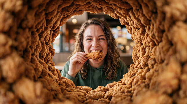 Happy Young Woman Eating Crispy Fried Chicken Seen Through a Crunchy Fried Chicken Tunnel, Creative Fast Food Advertising Concept