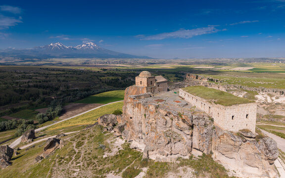 Aerial View of Yuksek Kilise in Guzelyurt Aksaray Turkey on Analipsis Hill with Byzantine Chapel and Cappadocia Landscape