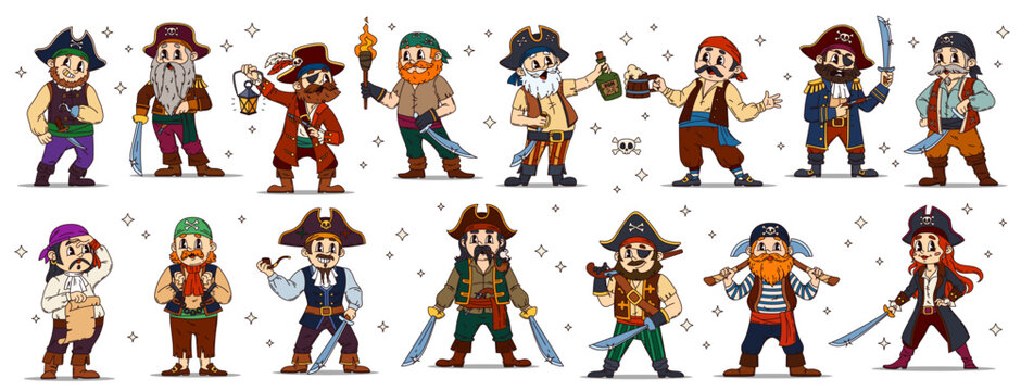 Funny groovy pirate and corsair characters wearing costumes with vector captain hats, treasure map and swords, rum bottle, sailor bandana and hook. Cartoon retro groovy pirate ship crew characters set