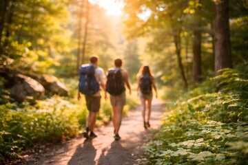 Fototapeta premium Blurred Hikers Walking Through Sunlit Forest Trail with Backpacks and Golden Morning Light Adventure, capturing outdoor, eco travel and nature exploration.