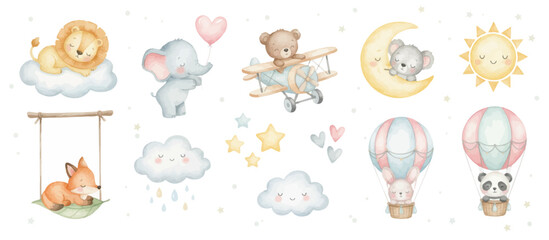 Dreamy baby animals watercolor nursery clipart with sleeping lion, elephant, bear and magical sky elements. Collection of Vector illustrations for invitation, card, poster, banner, decoration