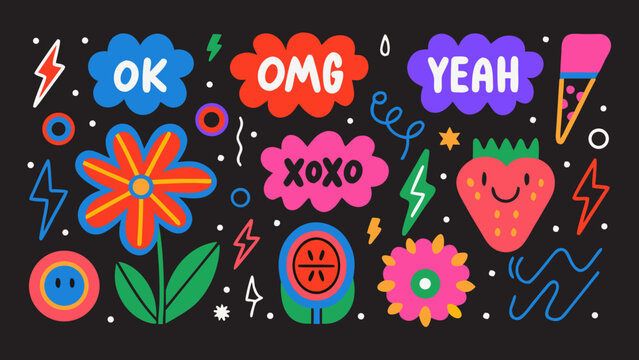 Colorful vector illustration featuring playful text bubbles floral elements and assorted graphic shapes on a black background digital