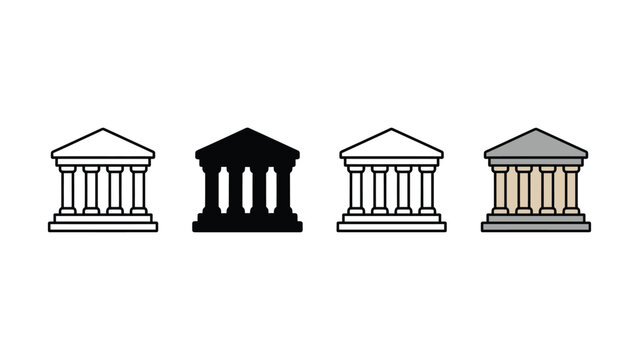 Four different colored illustrations of ancient Greek or Roman style buildings with columns and triangular roofs