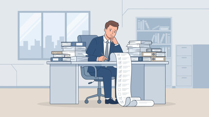Obraz premium Overwhelmed businessman with long to-do list at cluttered office desk