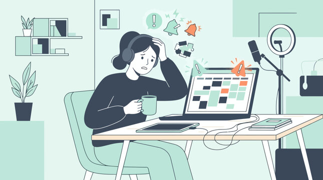 Overwhelmed woman stressed by online work, calendar deadlines, and notifications.