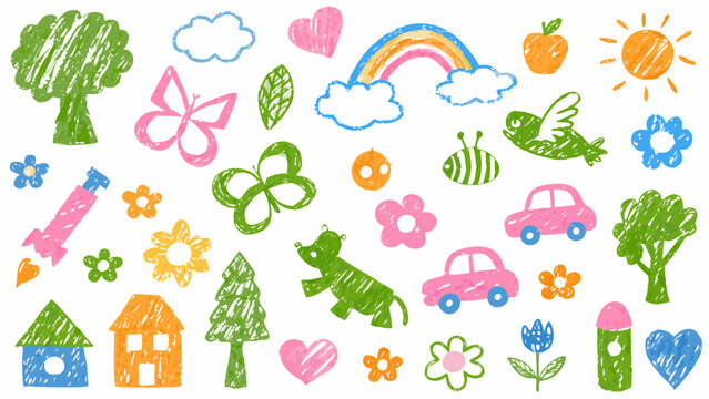 Children s doodle collection a playful set of colorful crayon style drawings on a white background childhood drawing