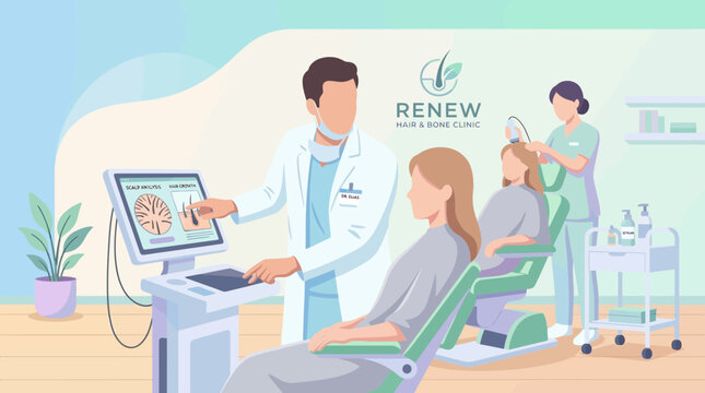 Dermatologist demonstrates hair loss treatment on computer to patient