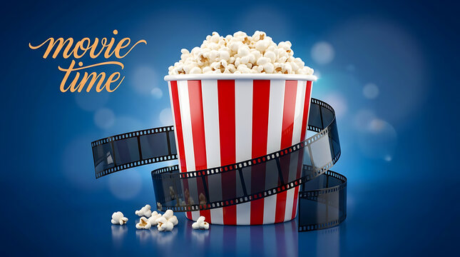 Classic striped popcorn bucket with cinematic film reel over blue bokeh background for theater entertainment
