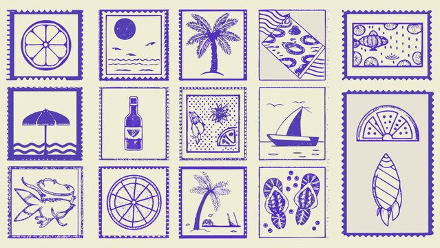 Collection Of Purple Tropical Fruit And Beach Scene Illustrations In A Stamp Style beachcombing beaches coconut tree cutlery