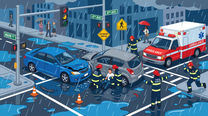 Naklejka premium Illustration of emergency responders assisting a car accident at a rainy city intersection with an ambulance