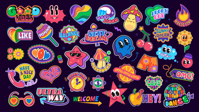 Funky groovy y2k stickers, funny patch labels with vector retro shapes and cartoon smile face emojis. Cool flower, hippie rainbow heart, sunglasses, cloud and star characters, WOW and OMG stickers set