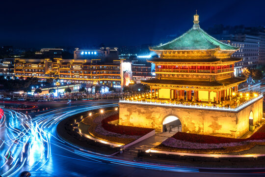 Xi'an Bell Tower at Night, Shaanxi China - Ancient Historical Landmark