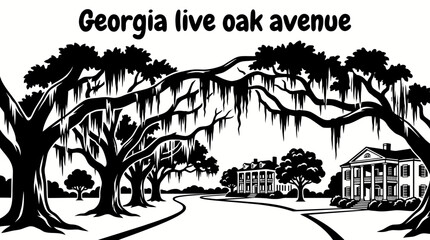 historic avenue lined with majestic live oak trees draped in spanish moss leading toward elegant southern estates creating one of georgia most recognizable landscapes for commercial vector © samira