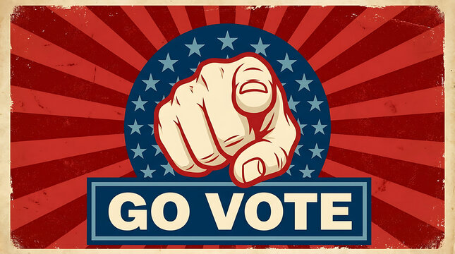 Empowering retro election poster with pointing hand, urging citizens to cast their vote and participate
