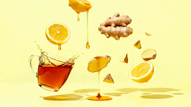 Levitating Lemon Ginger and Dripping Honey Splash