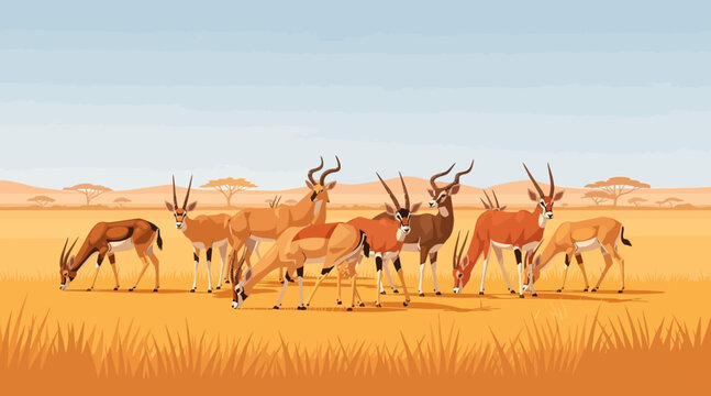 Herd of antelopes grazing in savannah landscape vector illustration