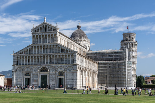 Pisa Cathedral Leaning Tower Italy Tuscany Landmark Architecture. The magnificent Pisa Cathedral and the iconic Leaning Tower of Pisa in Piazza dei Miracoli, Tuscany, Italy