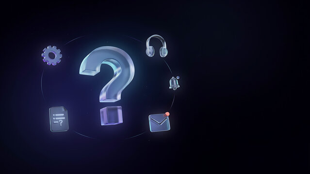 Glowing question mark, and symbols on dark background, support and query concept