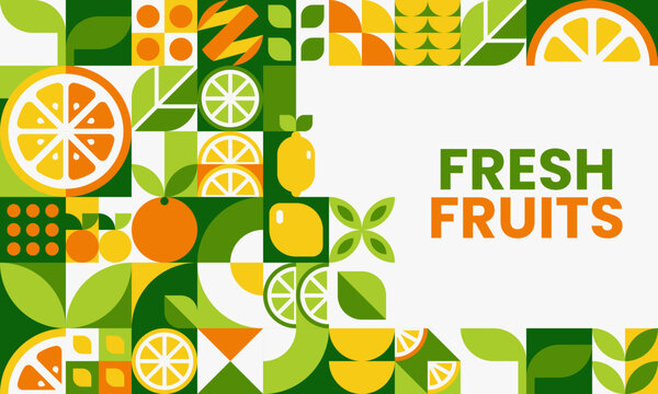 Fresh ripe citrus fruits banner with modern geometric ornament pattern, featuring ripe summer oranges, lemons and limes arranged in bold mosaic grid motifs with vibrant green, yellow and orange colors
