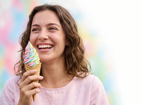 Happy Young Woman Holding Colorful Soft Serve Ice Cream Cone, Summer Dessert Lifestyle and Sweet Food Advertising Concept
