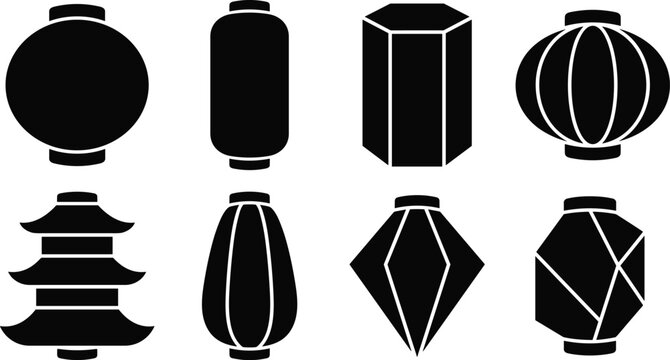 Traditional Asian Paper Lantern and Pagoda Lamp Black Silhouette Vector Icon Set for Cultural Festive Graphic Designs