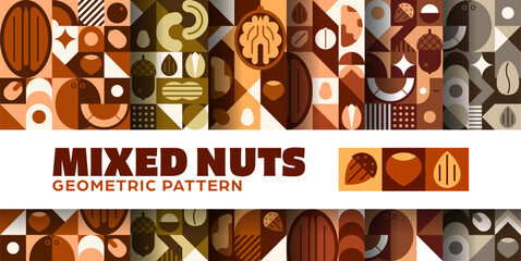 Nuts and beans seamless patterns set with geometric ornament. Mixed nut healthy snack tile backgrounds with walnut, almond, cashew and peanut, hazelnut and acorn motifs in warm brown and beige tones © Buch&Bee