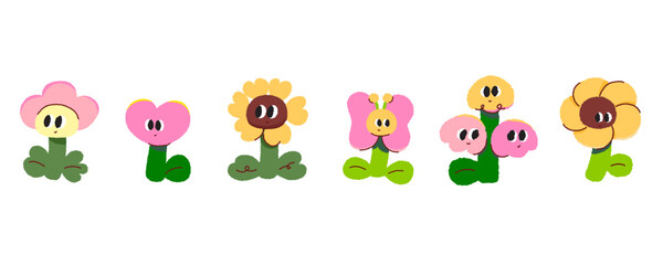 Fototapeta premium Cute flower cartoon characters set with funny smiling faces. Adorable hand-drawn doodle vector illustration collection for stickers, patterns, and kids graphics.