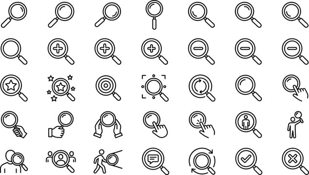 Magnifying glass line icon set featuring search zoom in out plus minus hands star and human discovery symbols