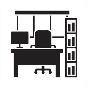 Modern office workspace icon with desk computer and bookshelf, workspace