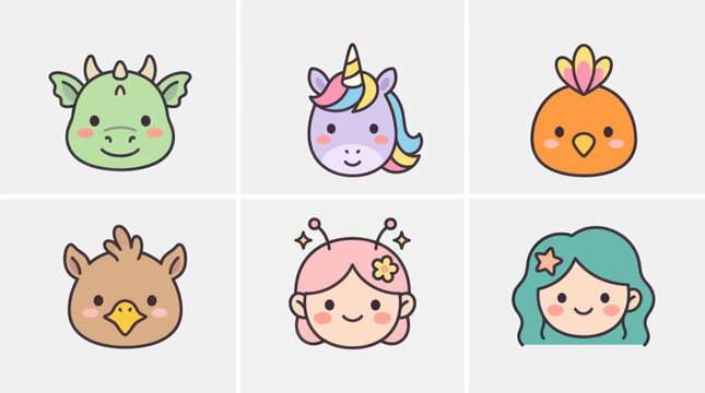 Cute fantasy creature icons set