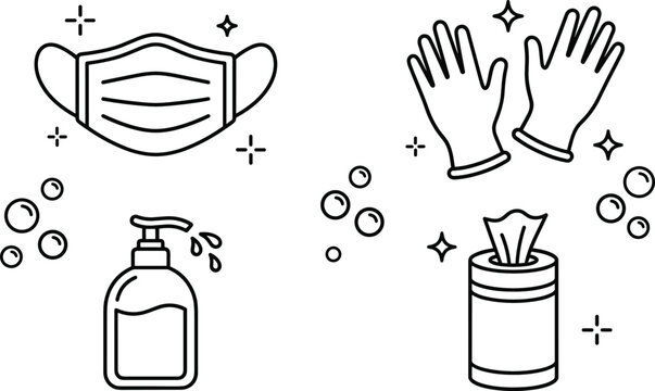 Personal Hygiene and Infection Prevention Line Art Collection with Face Mask Gloves Hand Sanitizer and Disinfectant Wipes Illustrations