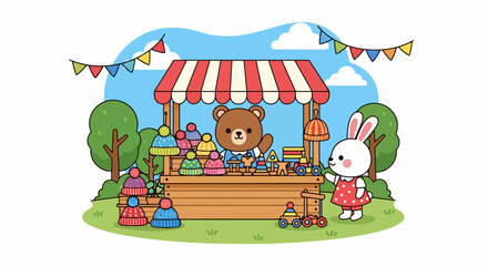 Naklejka premium Cute cartoon bear and bunny at a vibrant market stall.