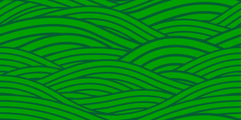 Obraz premium Farm field wavy seamless pattern background, green agriculture bg. Geometric abstract texture with natural rolling hills, rice or corn meadow and grass. Agricultural environmental flowing landscape