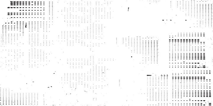 Distressed vintage punch card grunge texture overlay. Abstract black and white printer noise, old paper grain, and retro halftone data pattern for damaged antique background effects.