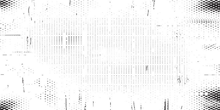 Distressed vintage punch card grunge texture overlay. Abstract black and white printer noise, old paper grain, and retro halftone data pattern for damaged antique background effects.