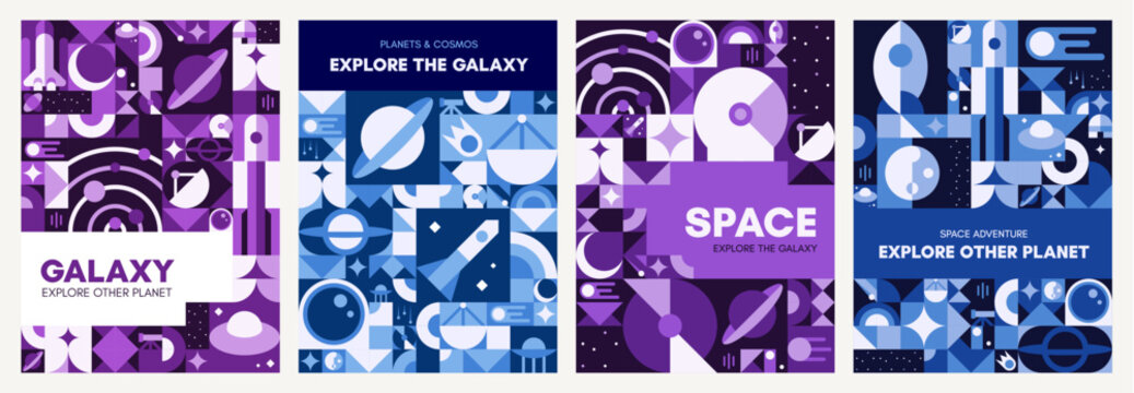 Universe and galaxy space posters with geometric Bauhaus cosmos pattern. Space exploration Bauhaus geometric shapes flyer or poster. Galaxy banners with rocket, planets and stars, telescope and comets