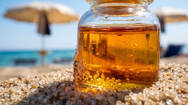 Glass bottle filled with golden oil on beach sand against sea and sun umbrellas, vacation