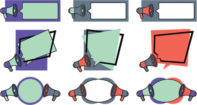 Megaphone announcement banners vector set with public notice text frames and corporate broadcast speaker elements