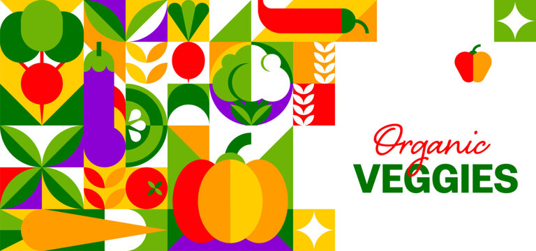 Organic vegetables banner with mosaic geometric pattern showcasing ripe pumpkin, carrot, eggplant, pepper, tomato and cauliflower arranged in grid, evoking fresh farm produce, crop and healthy eating