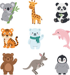 Obraz premium Cute African Safari Jungle Animal Vector Character Collection Featuring Elephant Giraffe Lion Zebra Hippo Cheetah Rhinoceros Meerkat and Flamingo for Kids Designs