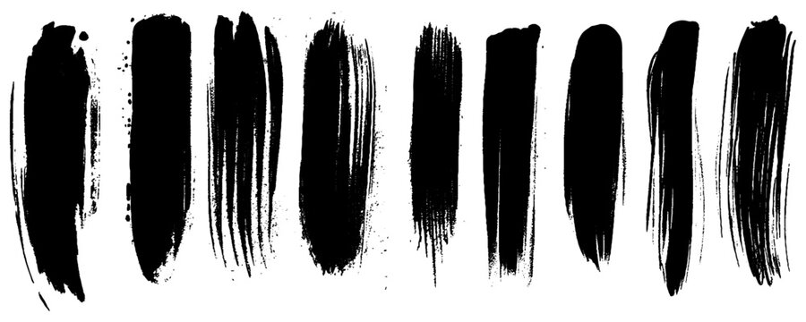 Collection of black brush strokes on a white background. Set of hand-drawn vector ink strokes, black splatter and paint splotch art brushes, decorative elements