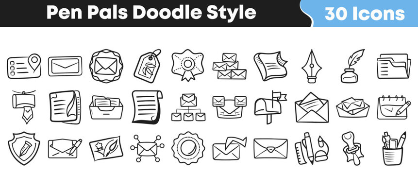 Set of hand drawn pen pals doodle style vector icons