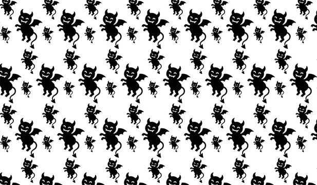 Seamless pattern with cute devil silhouettes for spooky holiday decoration designs.