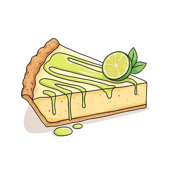 Cartoon slice of lime pie with green drizzle and half lime on top isolated on white