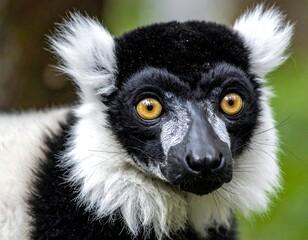 Fototapeta premium A close-up of a primate's face with striking yellow eyes and distinctive black and white fur