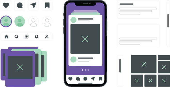 Social media UI vector kit with mobile phone mockup app interface elements and profile layout wireframes
